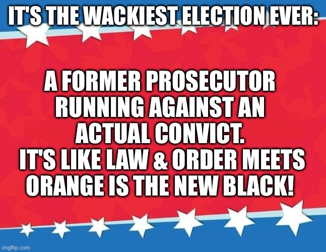 Election 2024 | IT'S THE WACKIEST ELECTION EVER:; A FORMER PROSECUTOR RUNNING AGAINST AN ACTUAL CONVICT.
 IT'S LIKE LAW & ORDER MEETS ORANGE IS THE NEW BLACK! | image tagged in campaign sign,kamala harris,biden,trump,election 2024 | made w/ Imgflip meme maker