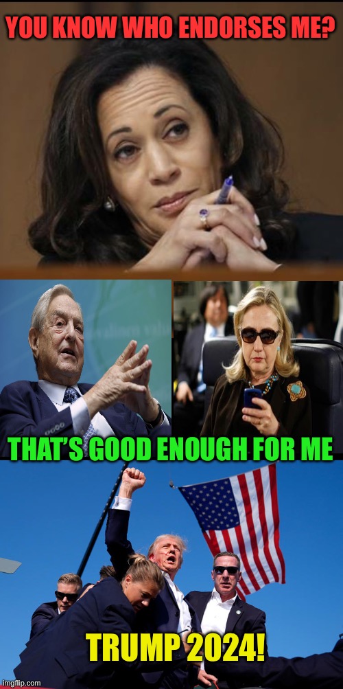 Only the left wants to destroy America | YOU KNOW WHO ENDORSES ME? THAT’S GOOD ENOUGH FOR ME; TRUMP 2024! | image tagged in kamala harris,trump 2024,soros sucks,if killary endorses you then you are the enemy | made w/ Imgflip meme maker