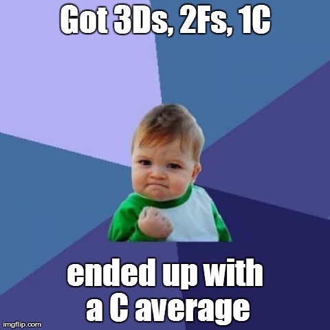 Success Kid | Got 3Ds, 2Fs, 1C ended up with a C average | image tagged in memes,success kid | made w/ Imgflip meme maker