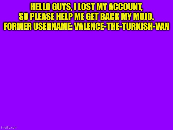 Sad | HELLO GUYS, I LOST MY ACCOUNT, SO PLEASE HELP ME GET BACK MY MOJO. FORMER USERNAME: VALENCE-THE-TURKISH-VAN | image tagged in help me,lost my account | made w/ Imgflip meme maker