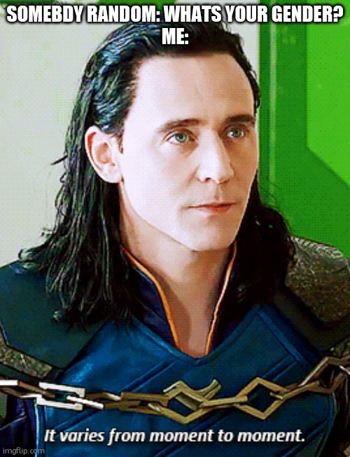 gn <3 | SOMEBDY RANDOM: WHATS YOUR GENDER?
ME: | image tagged in loki it varies from moment to moment,gender fluid | made w/ Imgflip meme maker
