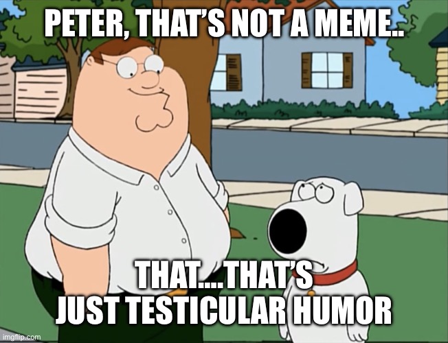 Peter that’s not a meme… | PETER, THAT’S NOT A MEME.. THAT….THAT’S JUST TESTICULAR HUMOR | image tagged in peter that s not a meme | made w/ Imgflip meme maker