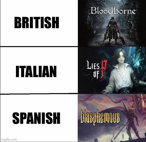 Galaxy Brain (3 brains) | BRITISH; ITALIAN; SPANISH | image tagged in galaxy brain 3 brains,memes,shitpost,gaming,dark souls,funny memes | made w/ Imgflip meme maker