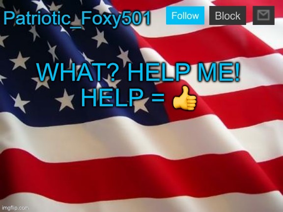 Patriotic_Foxy501 | WHAT? HELP ME!
HELP = 👍 | image tagged in patriotic_foxy501 | made w/ Imgflip meme maker