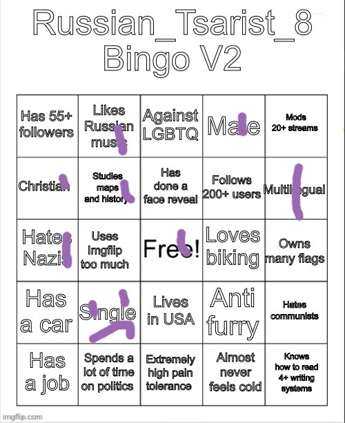 I never get bingos | image tagged in russian_tsarist_8 bingo v2 | made w/ Imgflip meme maker
