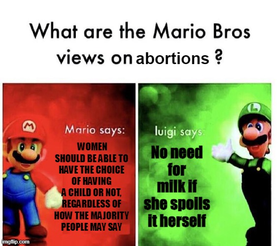 Luigi really been hitting that shit | abortions; WOMEN SHOULD BE ABLE TO HAVE THE CHOICE OF HAVING A CHILD OR NOT, REGARDLESS OF HOW THE MAJORITY PEOPLE MAY SAY; No need for milk if she spoils it herself | image tagged in mario bros views,super mario bros,dark humor,memes | made w/ Imgflip meme maker