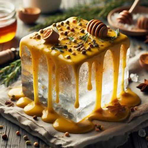 Block of ice covered in honey mustard | made w/ Imgflip meme maker