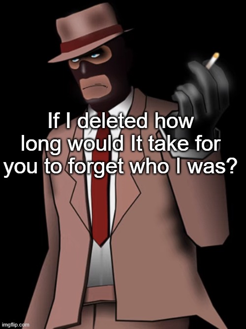 hypothetical question | If I deleted how long would It take for you to forget who I was? | image tagged in spy smoking a cigarette | made w/ Imgflip meme maker