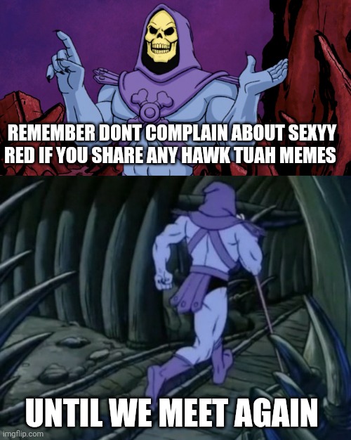 Skeletor until we meet again | REMEMBER DONT COMPLAIN ABOUT SEXYY RED IF YOU SHARE ANY HAWK TUAH MEMES; UNTIL WE MEET AGAIN | image tagged in skeletor until we meet again | made w/ Imgflip meme maker