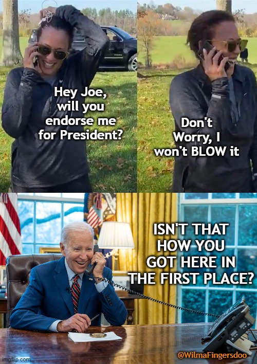 Kamala Blew It | Hey Joe, will you endorse me for President? Don't Worry, I won't BLOW it; ISN'T THAT HOW YOU GOT HERE IN THE FIRST PLACE? @WilmaFingersdoo | image tagged in biden,harris kamala | made w/ Imgflip meme maker