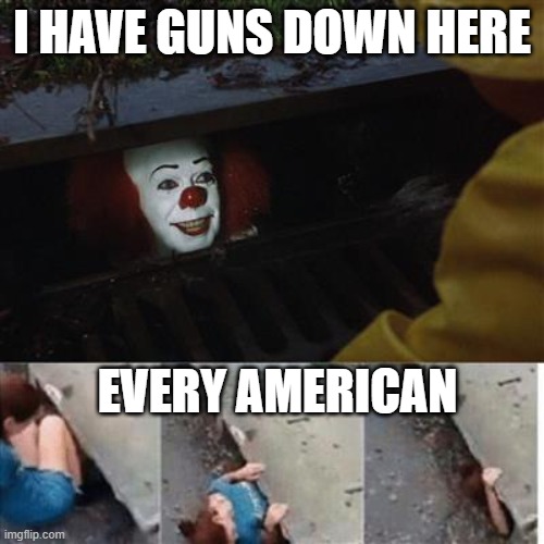 yea makes sense | I HAVE GUNS DOWN HERE; EVERY AMERICAN | image tagged in pennywise in sewer | made w/ Imgflip meme maker