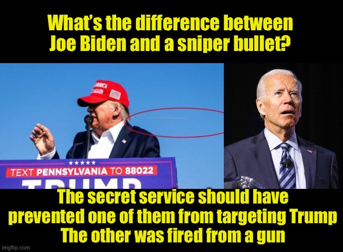 What’s the difference between Biden and a sniper bullet? | What’s the difference between Joe Biden and a sniper bullet? The secret service should have prevented one of them from targeting Trump
The other was fired from a gun | image tagged in trump bullet,joe biden | made w/ Imgflip meme maker