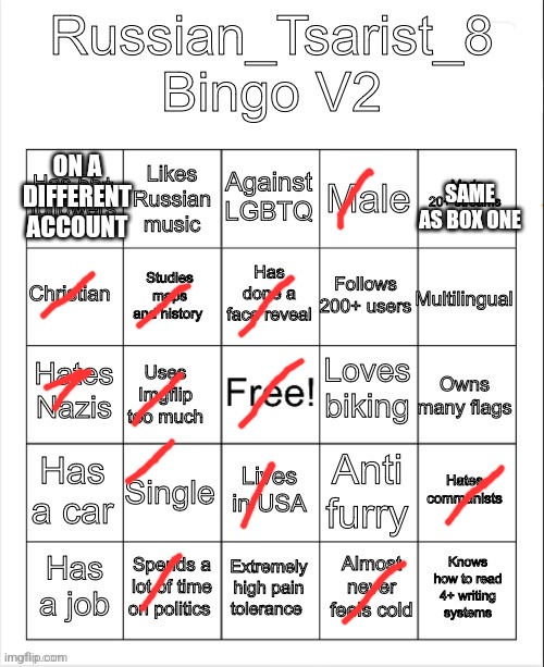 Russian_Tsarist_8 Bingo V2 | ON A DIFFERENT ACCOUNT; SAME AS BOX ONE | image tagged in russian_tsarist_8 bingo v2 | made w/ Imgflip meme maker