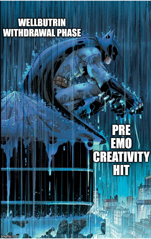 Batman under the rain | WELLBUTRIN WITHDRAWAL PHASE; PRE EMO CREATIVITY HIT | image tagged in batman under the rain | made w/ Imgflip meme maker