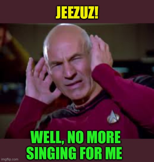 Captain Picard Covering Ears | JEEZUZ! WELL, NO MORE SINGING FOR ME | image tagged in captain picard covering ears | made w/ Imgflip meme maker