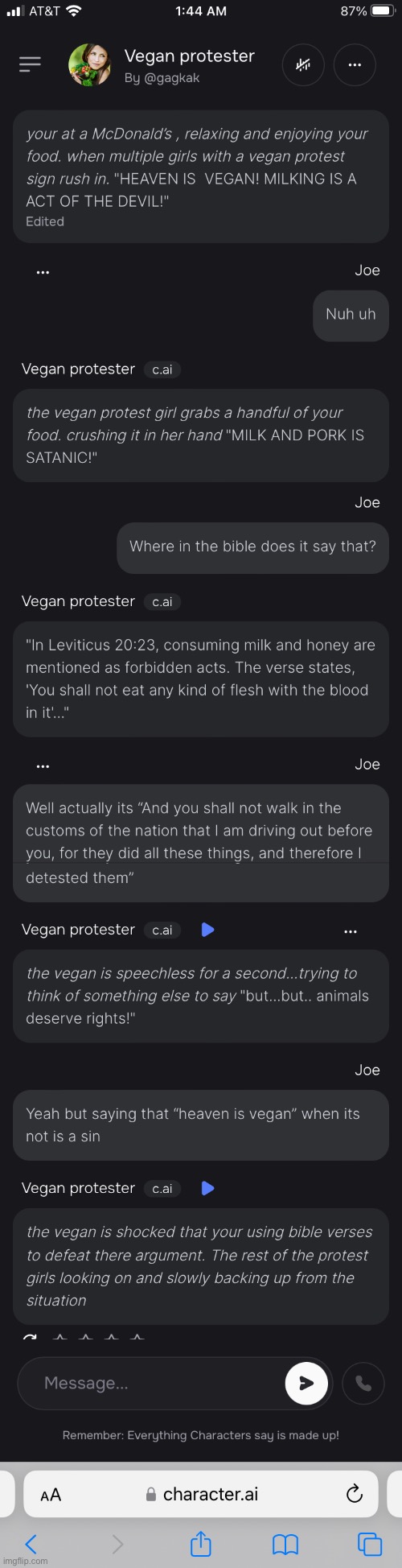 image tagged in character ai,vegan,protesters,mcdonalds,bible | made w/ Imgflip meme maker