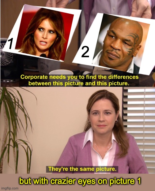 They're The Same Picture Meme | 1 2 but with crazier eyes on picture 1 | image tagged in memes,they're the same picture | made w/ Imgflip meme maker