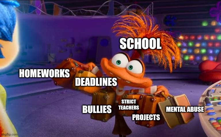 School in a nutshell | SCHOOL; HOMEWORKS; DEADLINES; STRICT TEACHERS; BULLIES; MENTAL ABUSE; PROJECTS | image tagged in anxiety,funny,school,relatable,inside out,in a nutshell | made w/ Imgflip meme maker