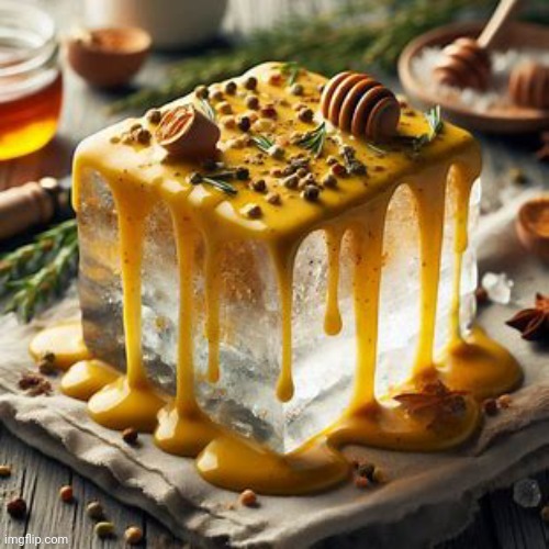 block of ice covered in honey mustard1!1!1!1! | image tagged in block of ice covered in honey mustard,they call me the mustard cube man | made w/ Imgflip meme maker