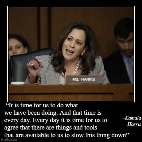 ~Kamala Harris | “It is time for us to do what we have been doing. And that time is every day. Every day it is time for us to agree that the | image tagged in funny,demotivationals | made w/ Imgflip demotivational maker