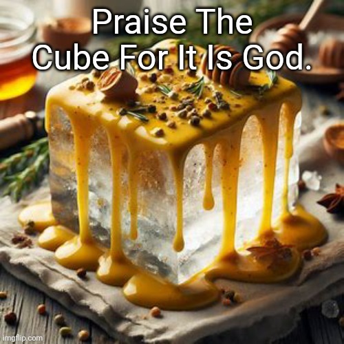 Block of ice covered in honey mustard | Praise The Cube For It Is God. | image tagged in block of ice covered in honey mustard | made w/ Imgflip meme maker