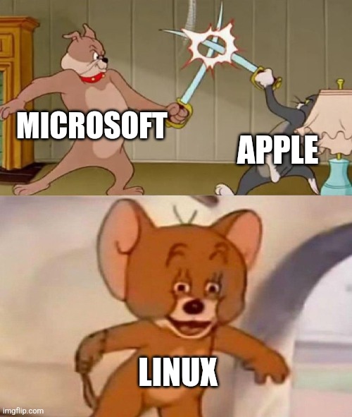 Tom and Jerry swordfight | MICROSOFT; APPLE; LINUX | image tagged in tom and jerry swordfight | made w/ Imgflip meme maker