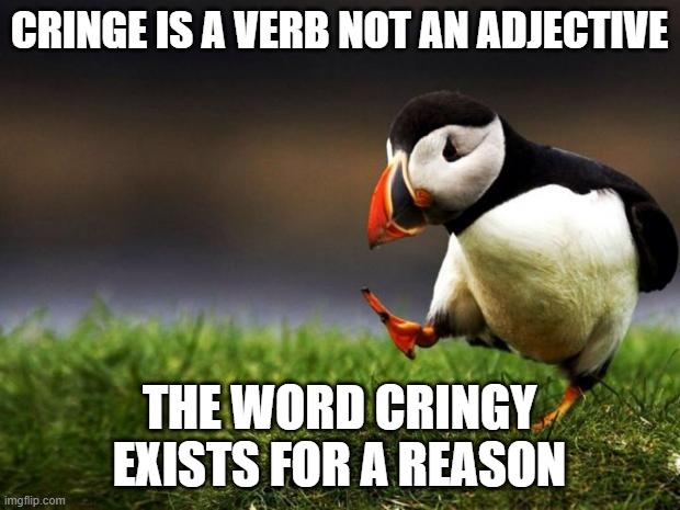 Unpopular Opinion Puffin Meme | CRINGE IS A VERB NOT AN ADJECTIVE; THE WORD CRINGY EXISTS FOR A REASON | image tagged in memes,unpopular opinion puffin | made w/ Imgflip meme maker