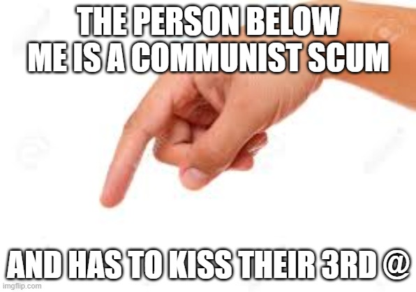 the person below | THE PERSON BELOW ME IS A COMMUNIST SCUM; AND HAS TO KISS THEIR 3RD @ | image tagged in the person below | made w/ Imgflip meme maker