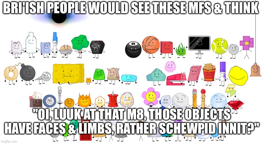 BFB Contestants | BRI'ISH PEOPLE WOULD SEE THESE MFS & THINK; "OI, LUUK AT THAT M8, THOSE OBJECTS HAVE FACES & LIMBS, RATHER SCHEWPID INNIT?" | image tagged in bfb contestants,memes,funny,bri'ish | made w/ Imgflip meme maker