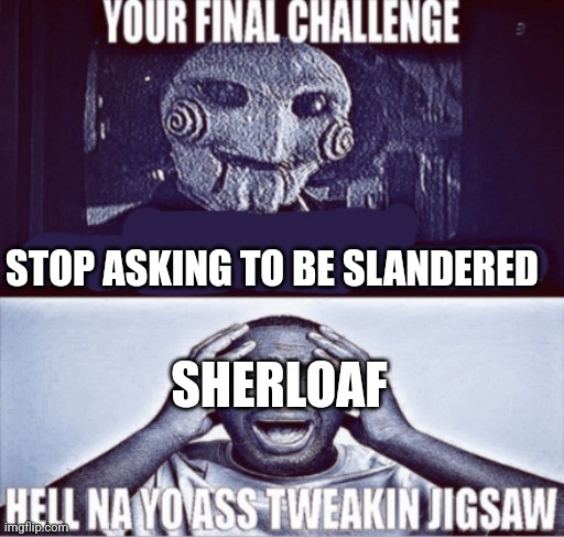 your final challenge | STOP ASKING TO BE SLANDERED; SHERLOAF | image tagged in your final challenge | made w/ Imgflip meme maker