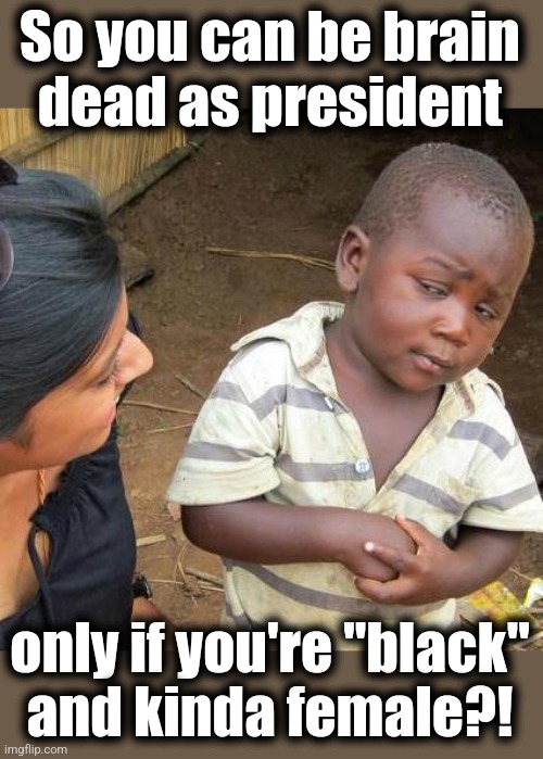The rules have suddenly changed | So you can be brain
dead as president; only if you're "black"
and kinda female?! | image tagged in memes,third world skeptical kid,kamala harris,brain dead,democrats,joe biden | made w/ Imgflip meme maker