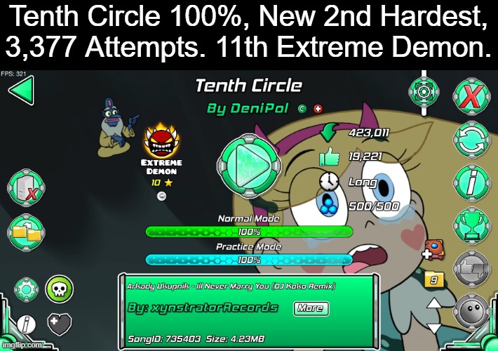 Tenth Circle 100%, New 2nd Hardest, 3,377 Attempts. 11th Extreme Demon. | image tagged in geometry dash,achievement | made w/ Imgflip meme maker