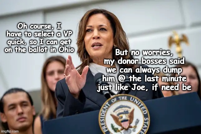 It's the Democratic Way | But no worries, my donor bosses said we can always dump him @ the last minute just like Joe, if need be; Oh course, I have to select a VP quick, so I can get on the ballot in Ohio | image tagged in kamala vp pick meme | made w/ Imgflip meme maker