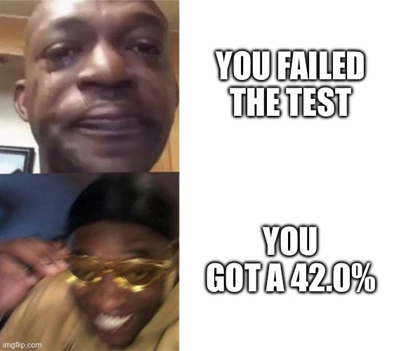 Black Guy Crying and Black Guy Laughing | YOU FAILED THE TEST; YOU GOT A 42.0% | image tagged in black guy crying and black guy laughing | made w/ Imgflip meme maker