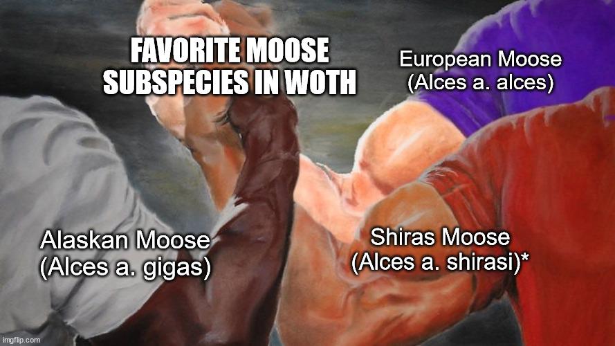 aa | FAVORITE MOOSE SUBSPECIES IN WOTH; European Moose (Alces a. alces); Shiras Moose (Alces a. shirasi)*; Alaskan Moose (Alces a. gigas) | image tagged in epic handshake three way | made w/ Imgflip meme maker