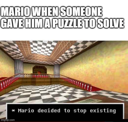 Mario decided to stop existing | MARIO WHEN SOMEONE GAVE HIM A PUZZLE TO SOLVE | image tagged in mario decided to stop existing,memes,smg4,puzzle | made w/ Imgflip meme maker