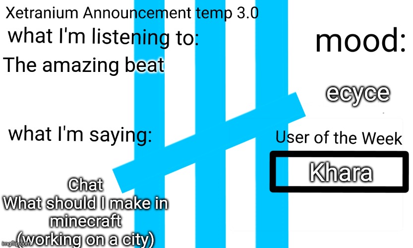 Xetranium announcement temp 3.0 | The amazing beat; ecyce; Chat
What should I make in minecraft (working on a city); Khara | image tagged in xetranium announcement temp 3 0 | made w/ Imgflip meme maker