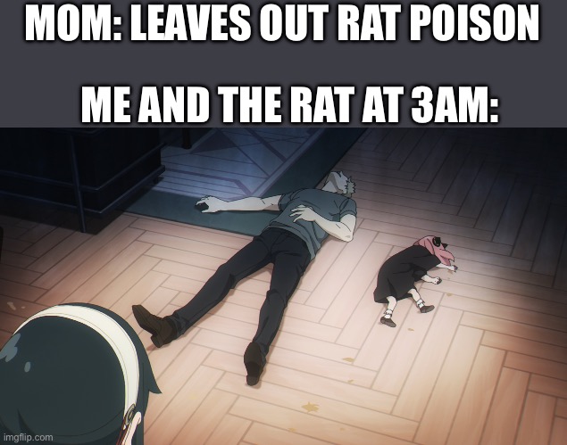 Rat poison | MOM: LEAVES OUT RAT POISON; ME AND THE RAT AT 3AM: | image tagged in loid and anya | made w/ Imgflip meme maker