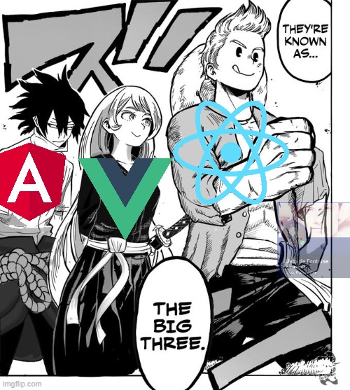 top 3 js framework be like: | image tagged in the big three | made w/ Imgflip meme maker