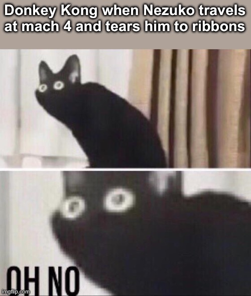 Oh no cat | Donkey Kong when Nezuko travels at mach 4 and tears him to ribbons | image tagged in oh no cat | made w/ Imgflip meme maker