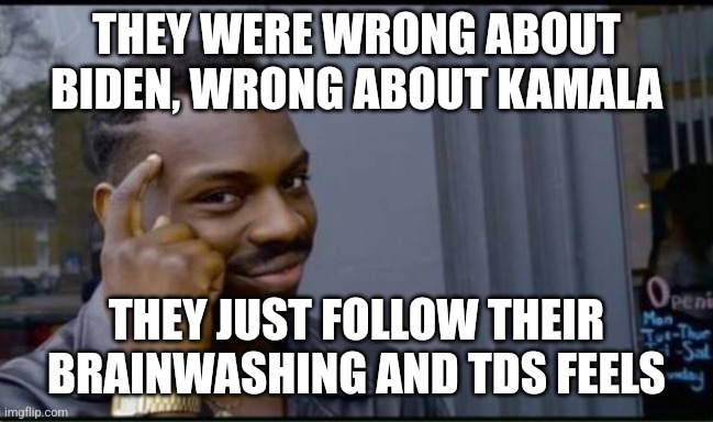 Thinking Black Man | THEY WERE WRONG ABOUT BIDEN, WRONG ABOUT KAMALA THEY JUST FOLLOW THEIR BRAINWASHING AND TDS FEELS | image tagged in thinking black man | made w/ Imgflip meme maker