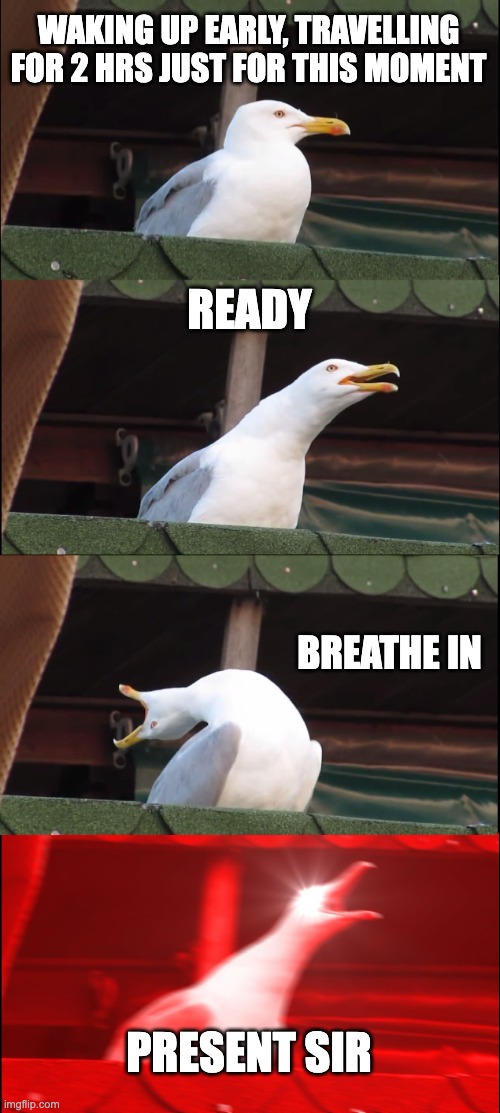 How college life is going | WAKING UP EARLY, TRAVELLING FOR 2 HRS JUST FOR THIS MOMENT; READY; BREATHE IN; PRESENT SIR | image tagged in memes,inhaling seagull | made w/ Imgflip meme maker