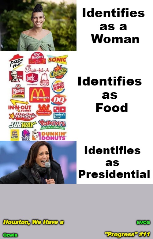 Houston, We Have a "Progress" #11 | Identifies 

as a 

Woman; Identifies 

as 

Food; Identifies 

as 

Presidential; Houston, We Have a; EVCG; "Progress" #11; Ozwin | image tagged in kamala harris,comrade kneepads,lgbtq,fast food,clown world,identifies as | made w/ Imgflip meme maker