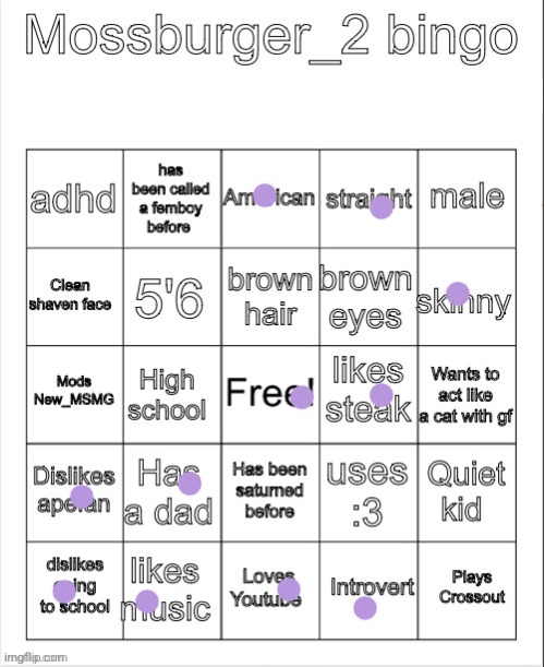 I'm a girl so I can't answer some of those stuff XD | image tagged in mossburger_2 bingo | made w/ Imgflip meme maker