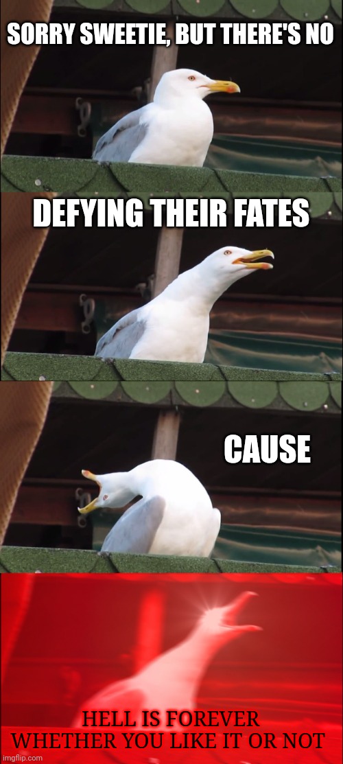 Inhaling Seagull | SORRY SWEETIE, BUT THERE'S NO; DEFYING THEIR FATES; CAUSE; HELL IS FOREVER WHETHER YOU LIKE IT OR NOT | image tagged in memes,inhaling seagull | made w/ Imgflip meme maker