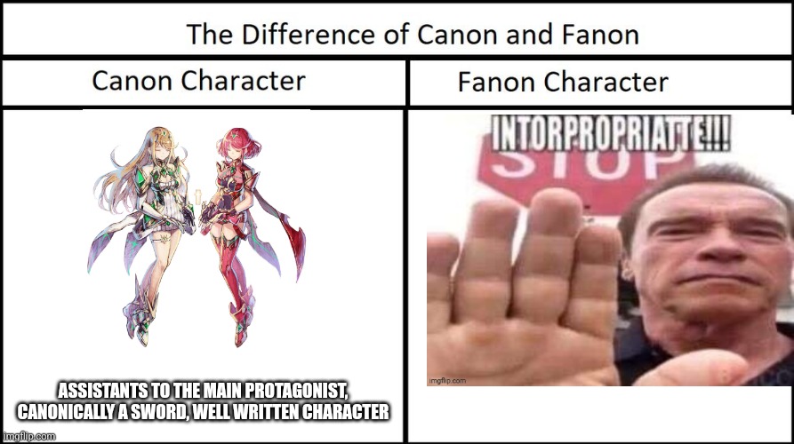 Fanon vs Canon | ASSISTANTS TO THE MAIN PROTAGONIST,
CANONICALLY A SWORD, WELL WRITTEN CHARACTER | image tagged in fanon vs canon | made w/ Imgflip meme maker