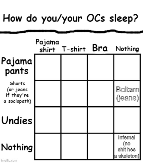 Infernal sleeps on a rock bed since his flames burn any cloth bed | Boltam (jeans); Infernal (no shit hes a skeleton) | image tagged in how do you/your ocs sleep | made w/ Imgflip meme maker