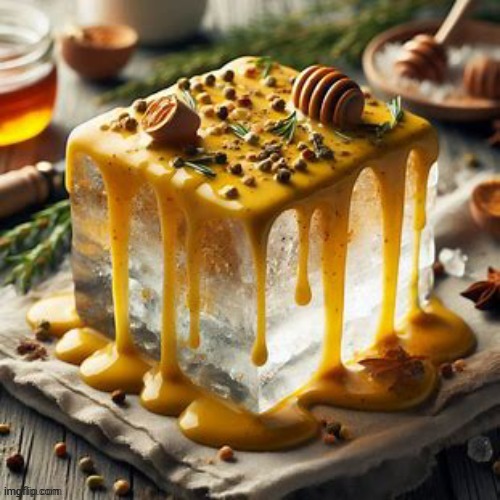 Block of ice covered in honey mustard | image tagged in mustard | made w/ Imgflip meme maker