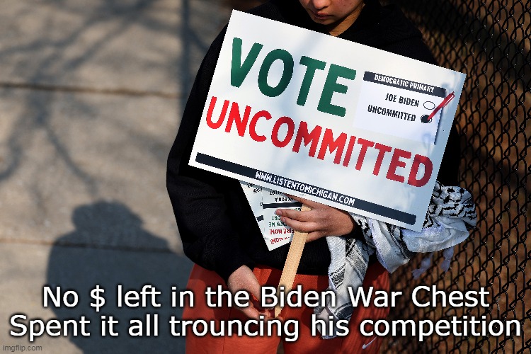 No $ left in the Biden War Chest
Spent it all trouncing his competition | made w/ Imgflip meme maker