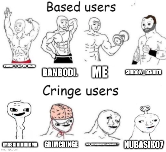 Based users v.s. cringe users | WHEATLEY_IS_NOT_JOE_HAWLEY; BANBODI. ME; SHADOW_BENOITX; GRIMCRINGE; ANTI_PETTHESPRIGATITOANDWHEATLEY; NUBASIK07; IMASKIBIDISIGMA | image tagged in based users v s cringe users | made w/ Imgflip meme maker